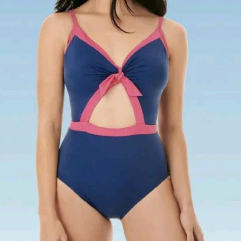 Beach Betty By Miracle brands One Piece Swimsuit Blue Pink Keyhole Tie Front NWT
